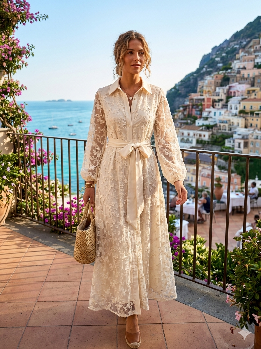 Sukienka Maxi Kremowa Koronkowa w Kwiaty Elegancka na Wesele  PROSSECCO