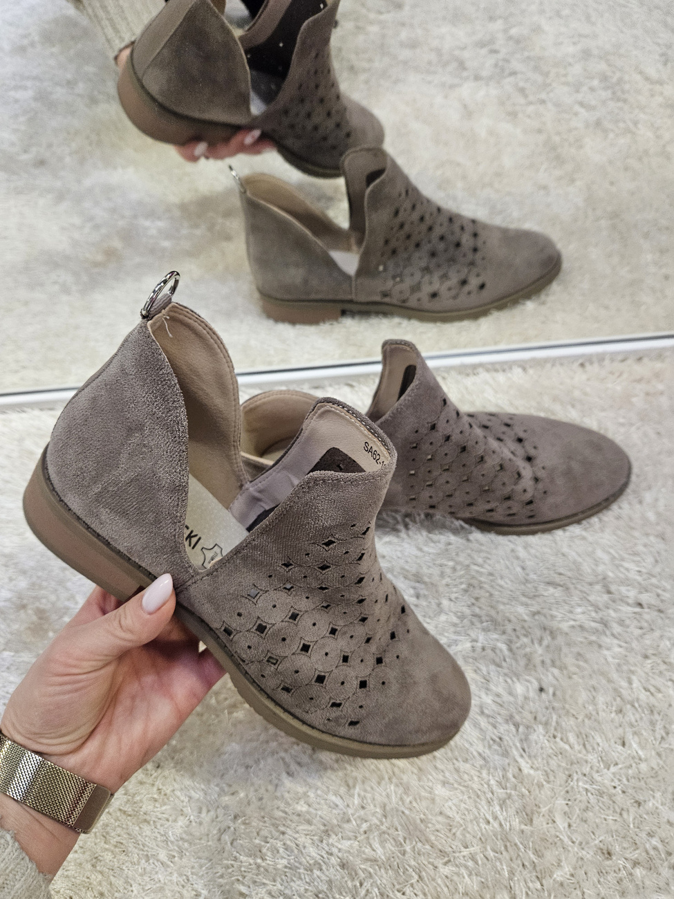 Brązowe ażurowe pólbuty  botki damskie na obcasie 