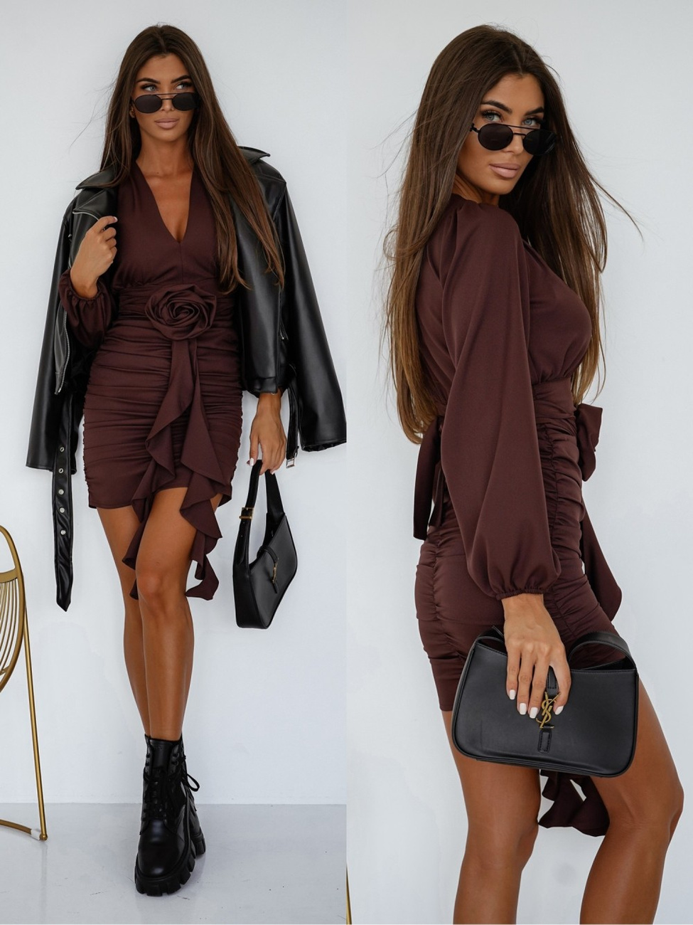 Elegancka Sukienka FLOWERS z długim rękawem czekoladowy