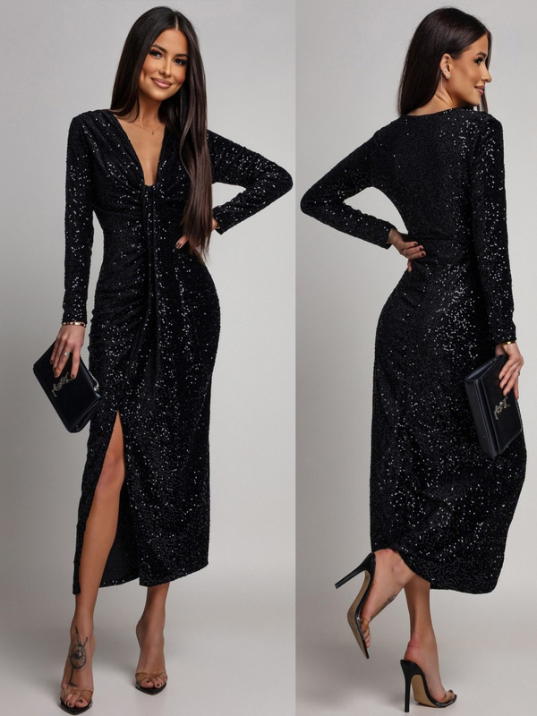 Elegancka Maxi Sukienka Cekinowa Wiola z długim rękawem czarna