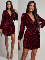 Elegancka Mini Sukienka z dugim rękawem cekinowa Beti  bordowa