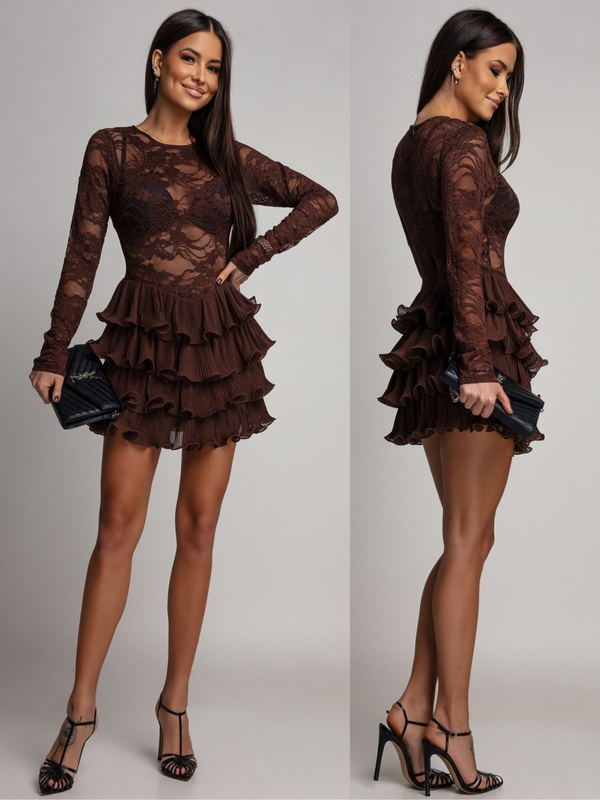 Damski kombinezon koronkowy z plisowanymi falbanami czekoladowy