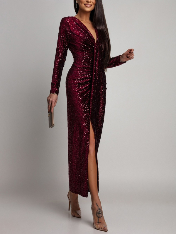 Elegancka Maxi Sukienka Cekinowa Wiola z długim rękawem bordowa