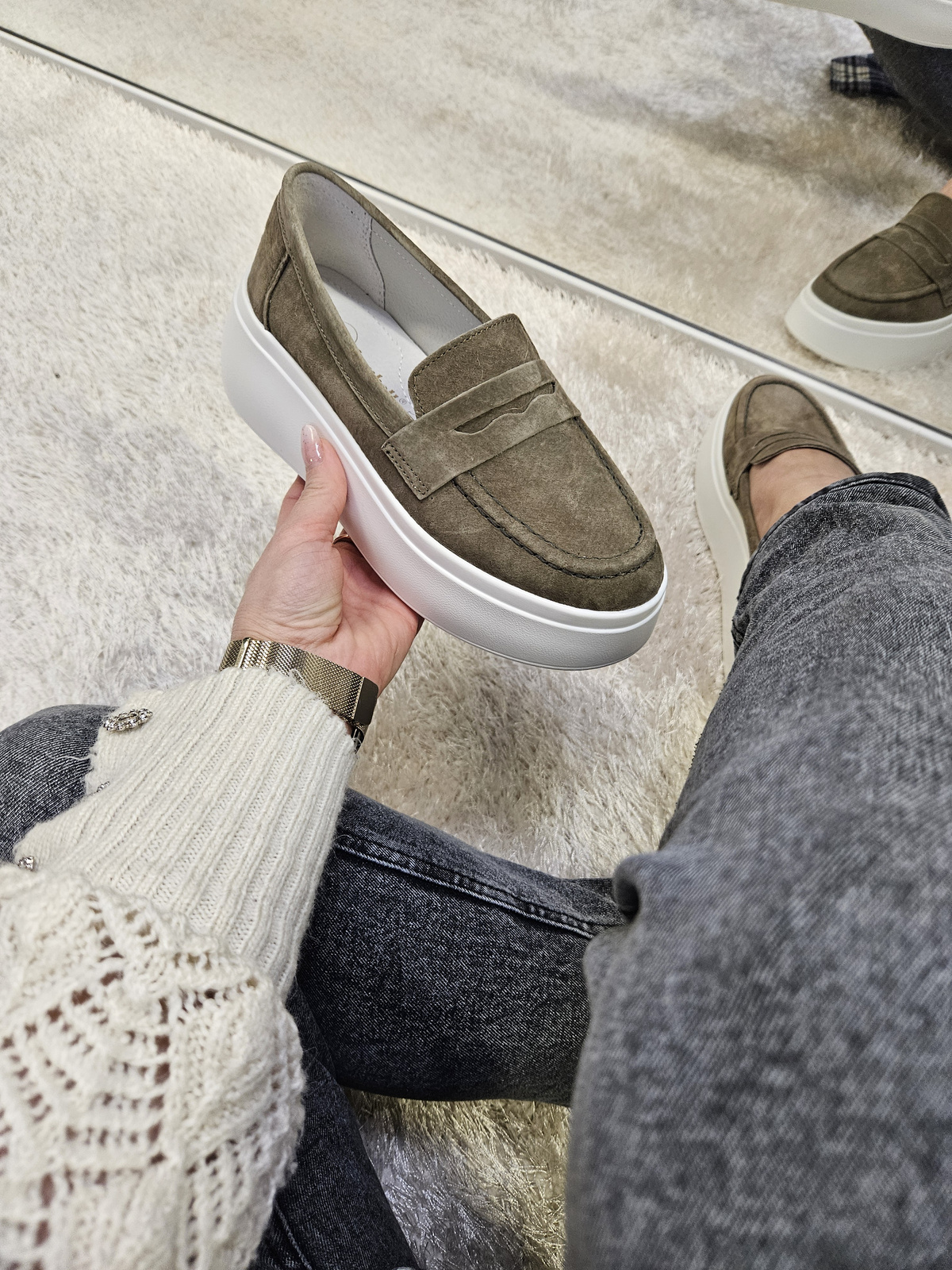 Mokasyny damskie na platformie ze skóry naturalnej khaki