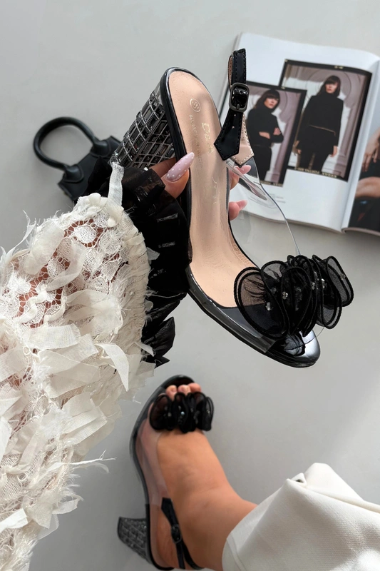 Sandały damskie na wysokim obcasie z ozdobą eleganckie ze sprzączką transparentne-czarne
