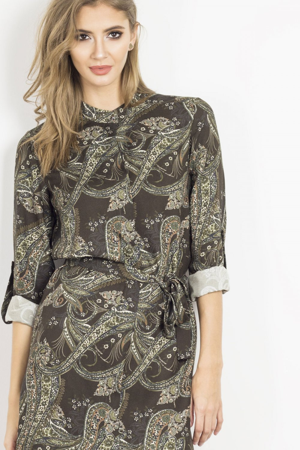  Amara Zielona Mini Sukienka Koszulowa Na Co Dzień Z Kołnierzykiem
