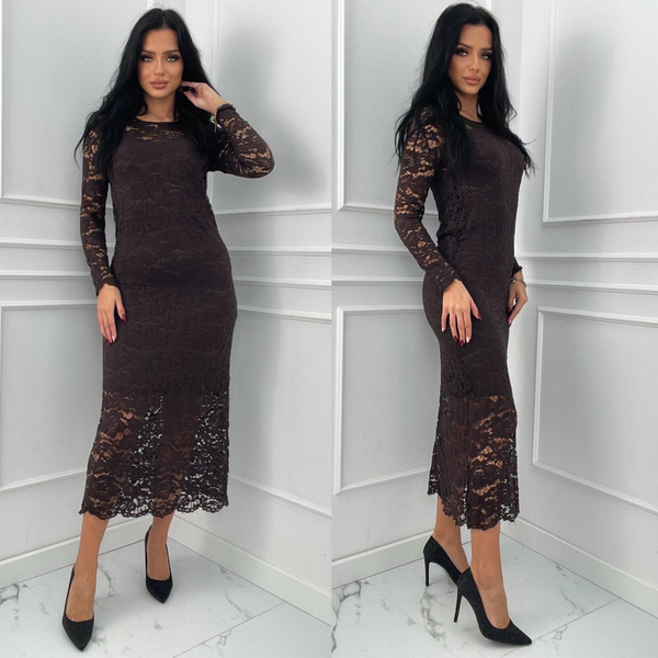 Elegancka sukienka midi z koronki, kolor czekoldowy – wieczorowa i szykowna