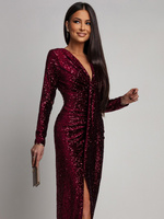 Elegancka Maxi Sukienka Cekinowa Wiola z długim rękawem bordowa