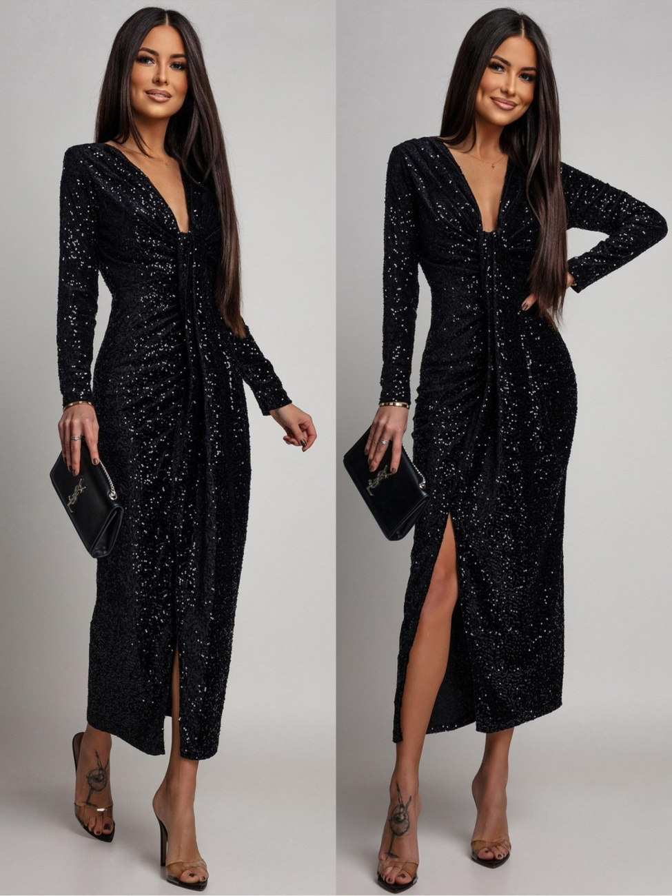 Elegancka Maxi Sukienka Cekinowa Wiola z długim rękawem czarna