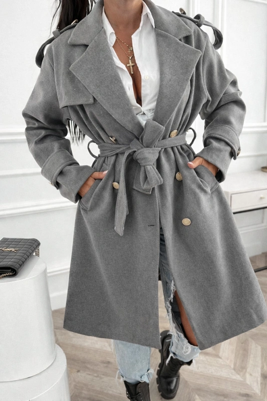 Klasyczne Wiązany Płaszcz Damski Coco - szary