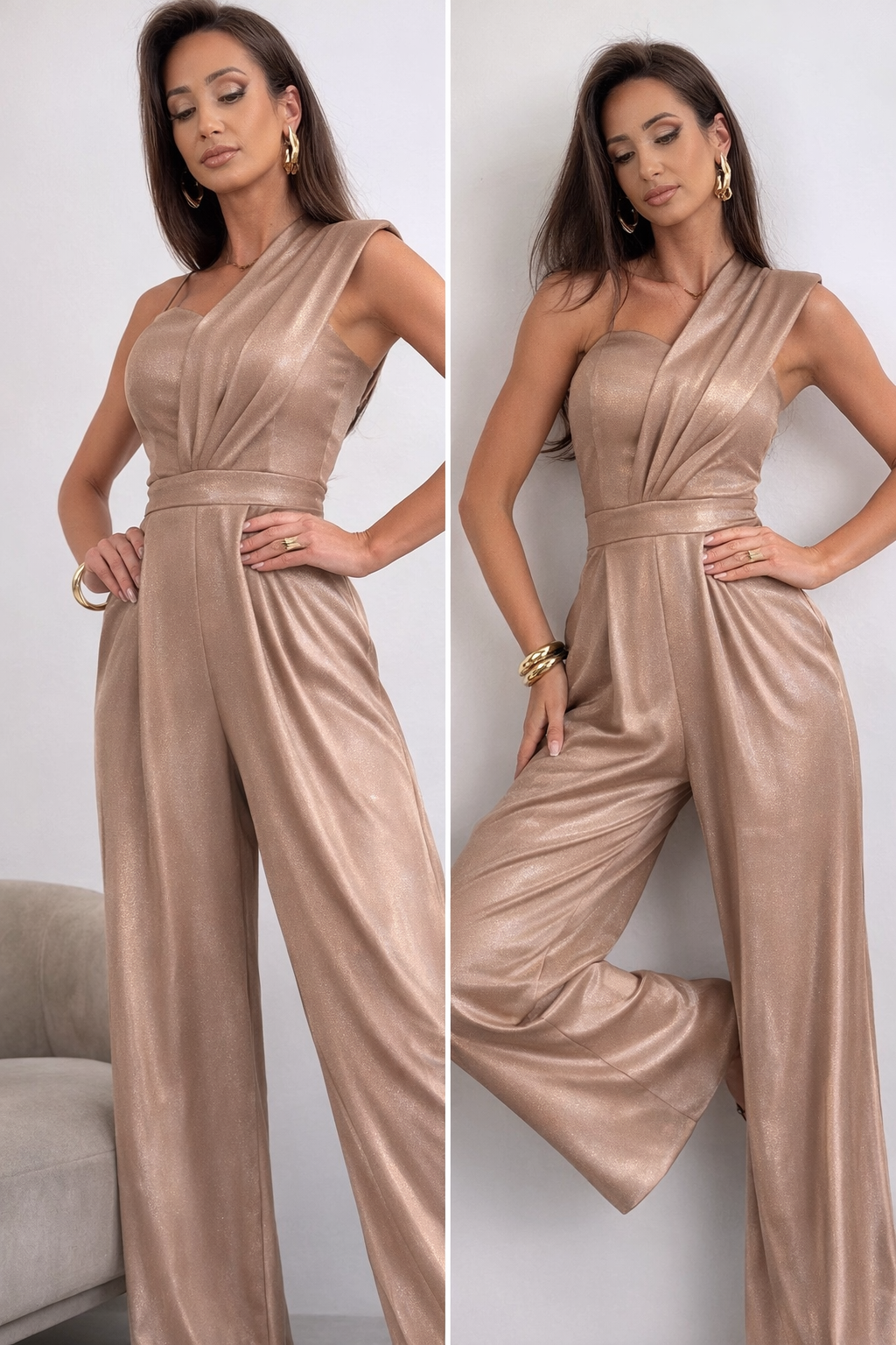 Elegancki KOMBINEZON DAMSKI Linde camel z błyskiem