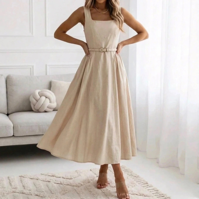 Sukienka maxi letnia na ramiączkach z paskiem beżowa bawełniana