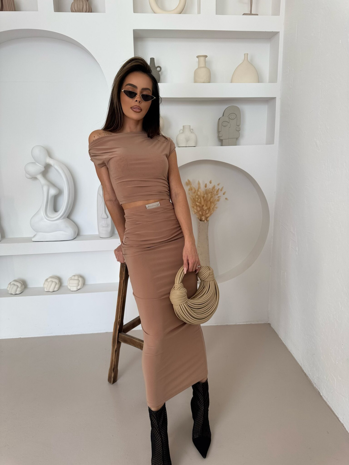 Elegancki kobiecy Komplet NUMB 2 w 1 spódnica+ top camel