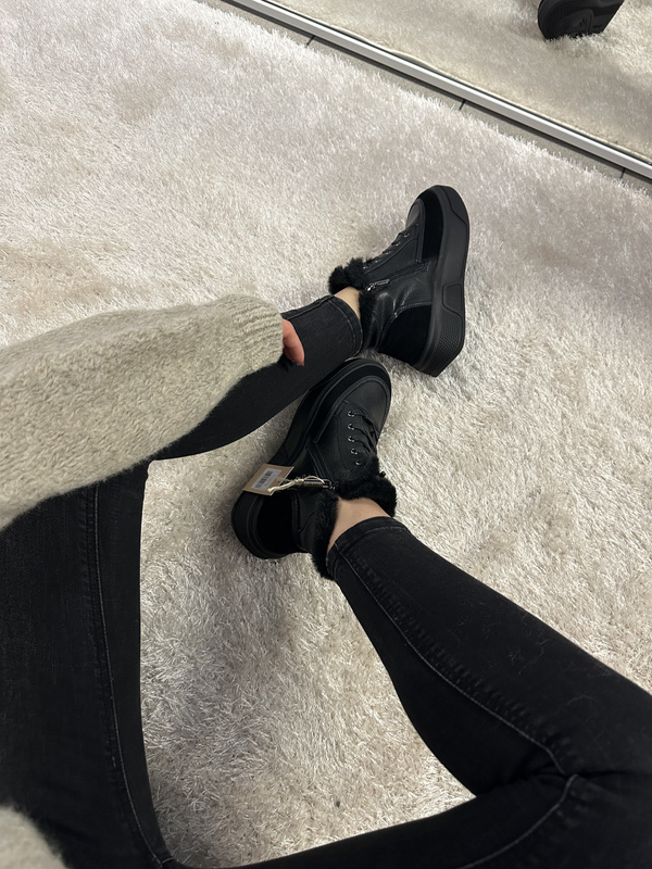 Botki damskie sneakersy ocieplane ze skóry naturalnej czarne