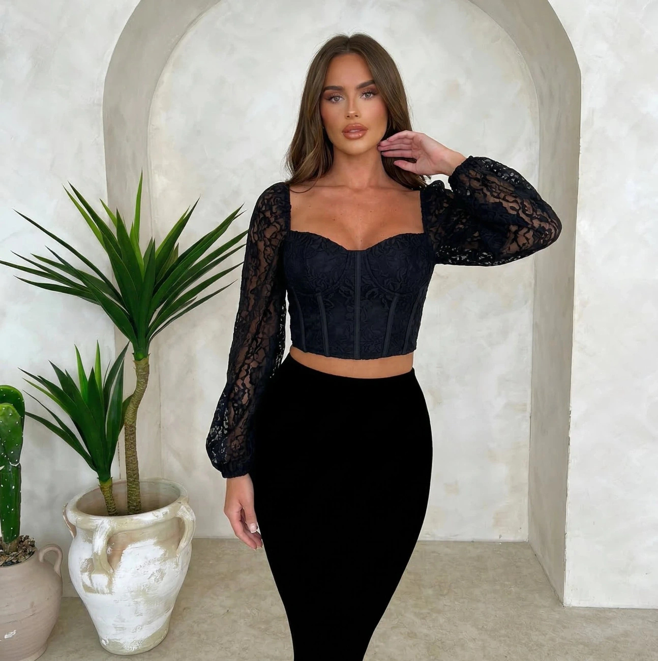Bluzka Koronkowa Damska Czarna Gorsetowa Bufiaste Rękawy Elegancka ORBITA