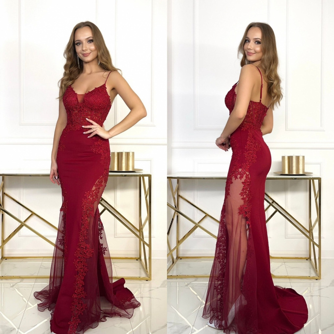 Elegancka Sukienka maxi Boda rybka- bordowy