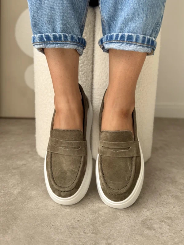 Mokasyny damskie na platformie ze skóry naturalnej khaki