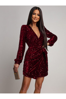 Elegancka Mini Sukienka z dugim rękawem cekinowa Beti  bordowa
