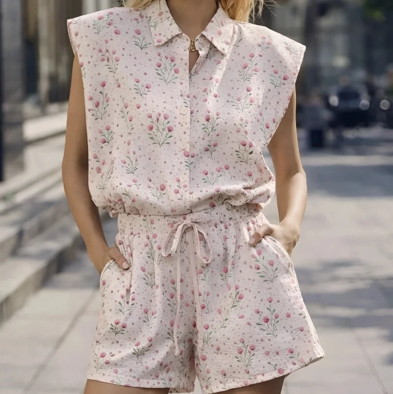 Komplet damski letni różowy kwiatowy koszula spodenki zestaw dwuczęściowy