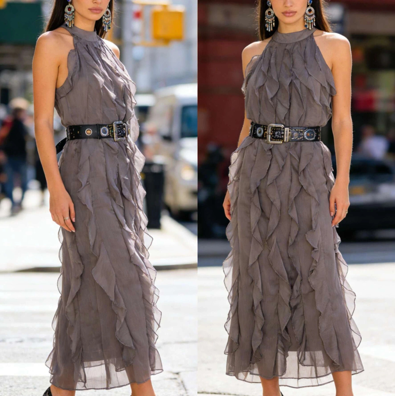 Sukienka midi z falbanami na wesele elegancka sukienka letnia damska bez rękawów