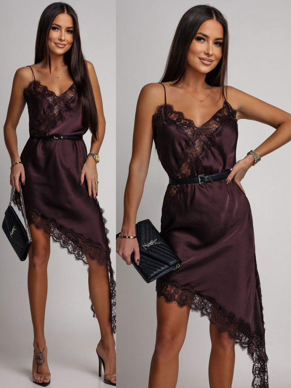 Asymetryczna sukienka satynowa z koronką w kolorze czekoladowym