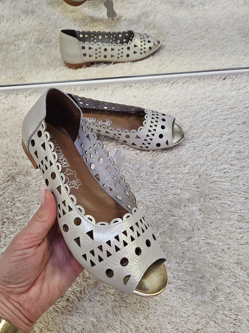 Sandały damskie na płaskim obcasie ze skóry naturalnej Gold