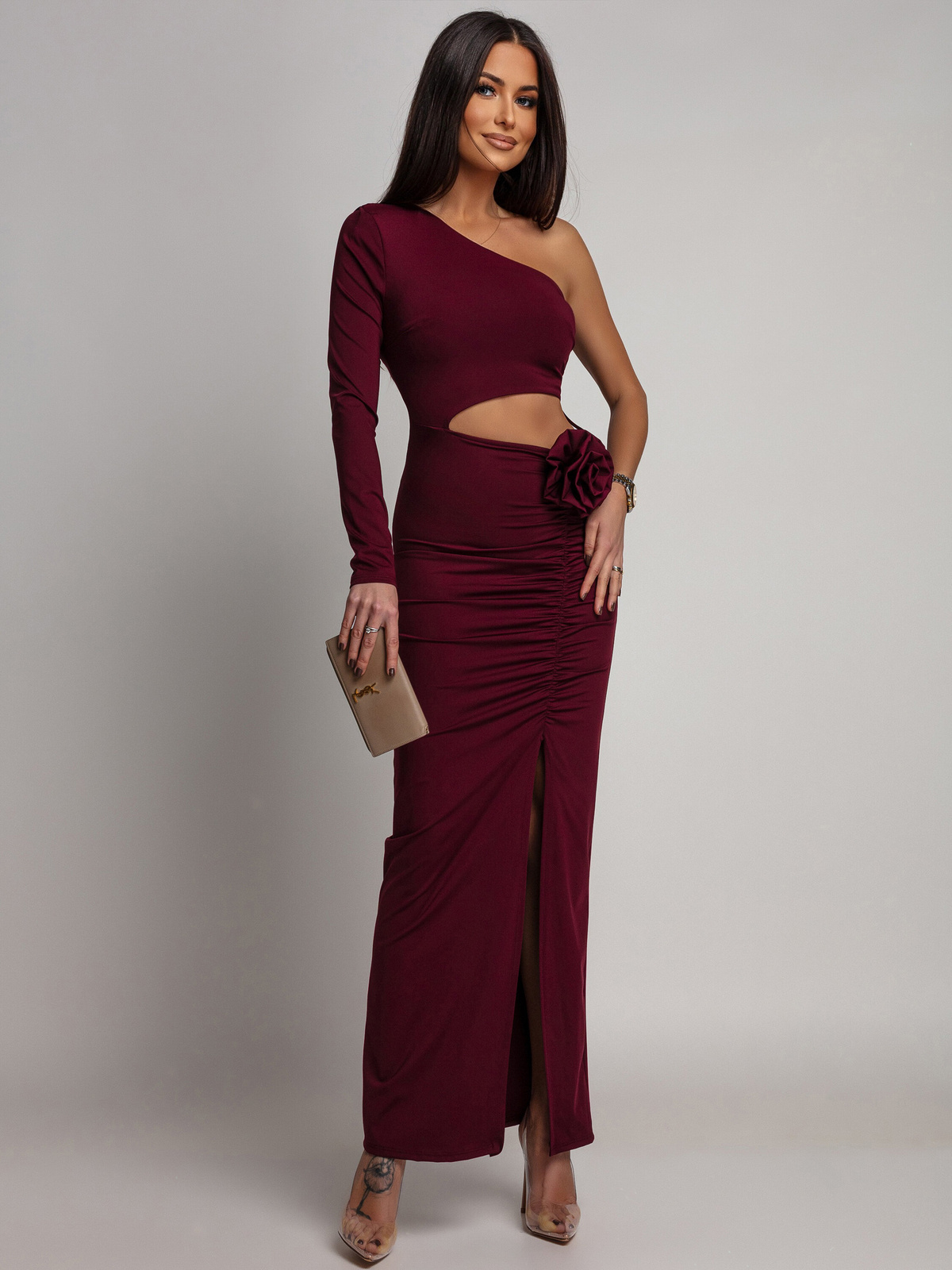 ELEGANCKA SUKIENKA MAXI NA JEDNO RAMIĘ DONNA bordowa