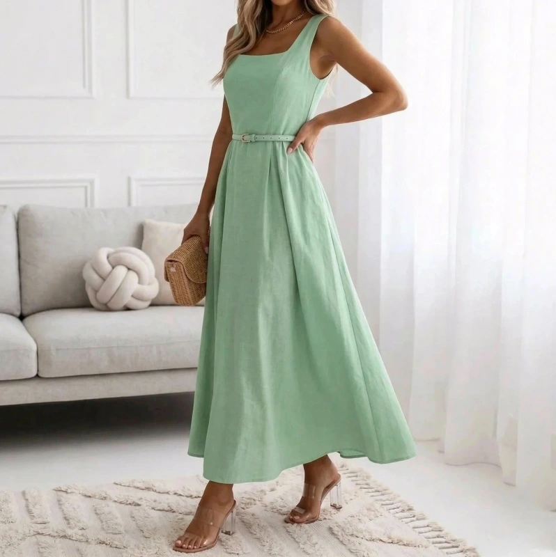 Sukienka Maxi Letnia Elegancka na Ramiączkach z Paskiem Bawełniana Rozkloszowana Wesele Chrzciny
