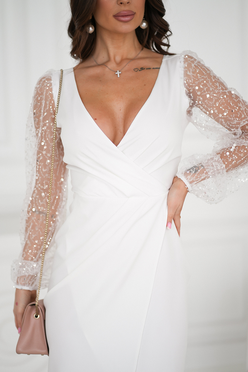 Elegancka mini SUKIENKA Viviene z cekinowymi rękwami  ecru