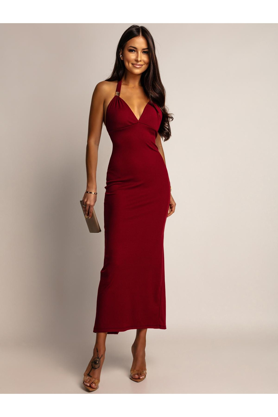 PRĄŻKOWANA SUKIENKA MIDI KAMILA bordowa