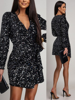 Elegancka Mini Sukienka z dugim rękawem cekinowa Beti  czarno srebrna