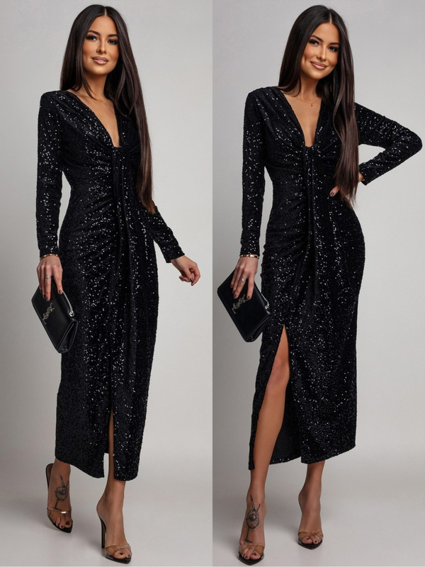 Elegancka Maxi Sukienka Cekinowa Wiola z długim rękawem czarna