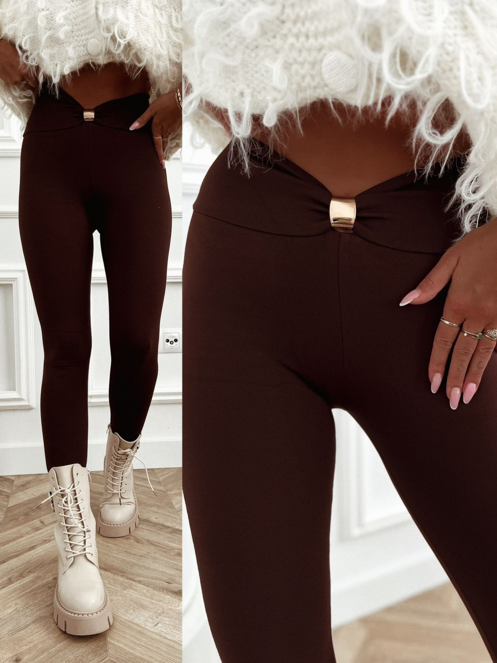 LEGGINSY Z BIŻUTERYJNYM ZDOBIENIEM Naoko  czekoladowy