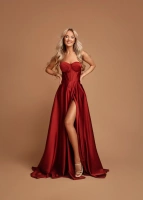 Elegancka  MAXI Sukienka satynowa EMMA - ceglasty
