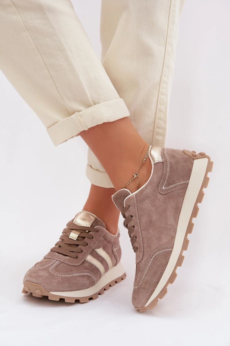 Zamszowe Sneakersy Damskie Na Platformie  Ciemnobeżowe