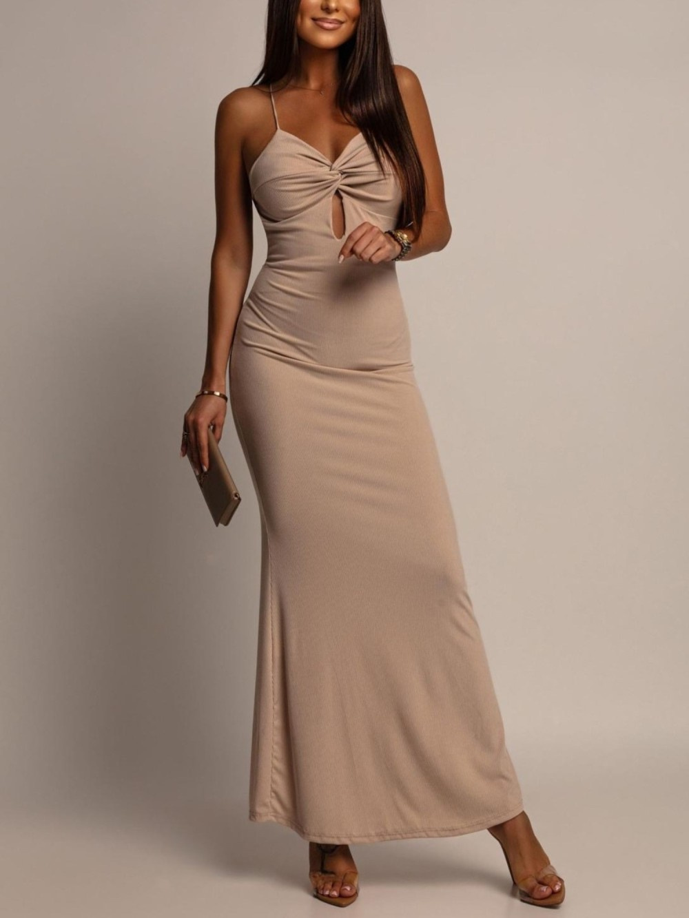 ELEGANCKA DOPASOWANA SUKIENKA MAXI Rosa beżowa