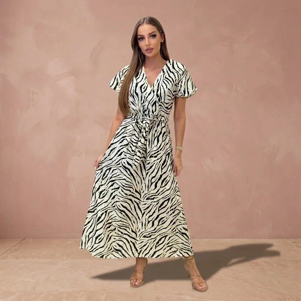 Sukienka midi zebra wzór dekolt V elegancka letnia wiązana w talii damska