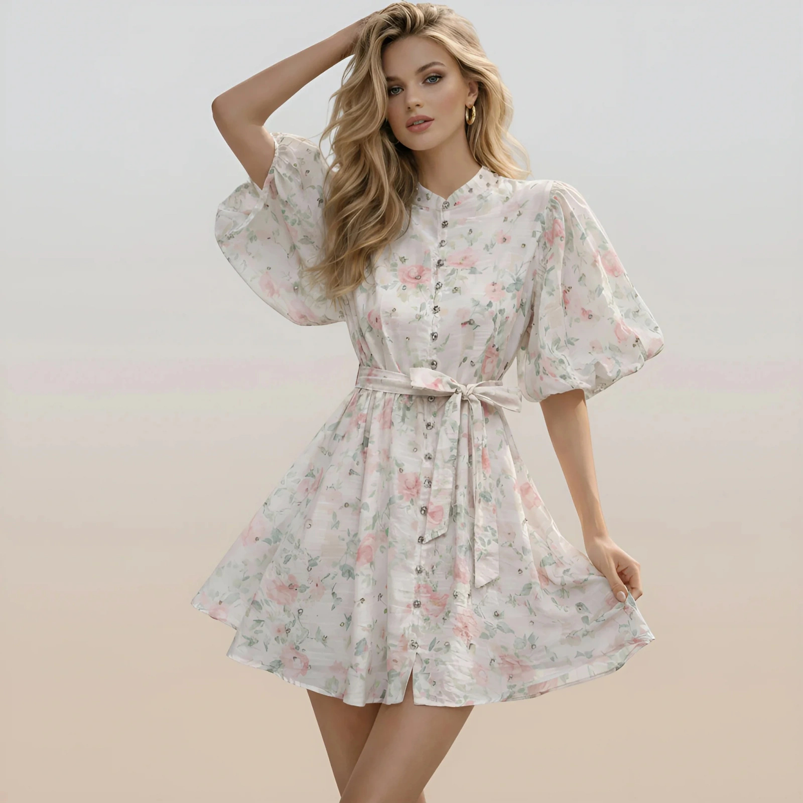 Sukienka w kwiaty rozkloszowana midi bufiaste rękawy bawełna len lato