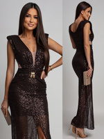 CEKINOWA SUKIENKA MAXI Z BIŻUTERYJNYM ZDOBIENIEM Zuzanna  czekoladowa