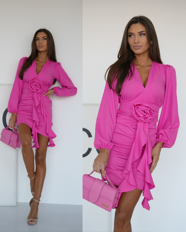 Elegancka Sukienka FLOWERS z długim rękawem różowa