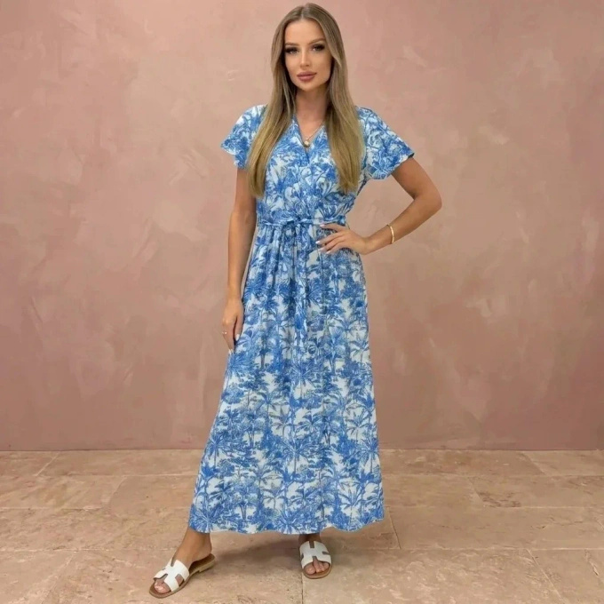 Sukienka Maxi Letnia Niebieska Tropikalny Print Kopertowy Dekolt Wiązanie Talia Zwiewna Wakacyjna
