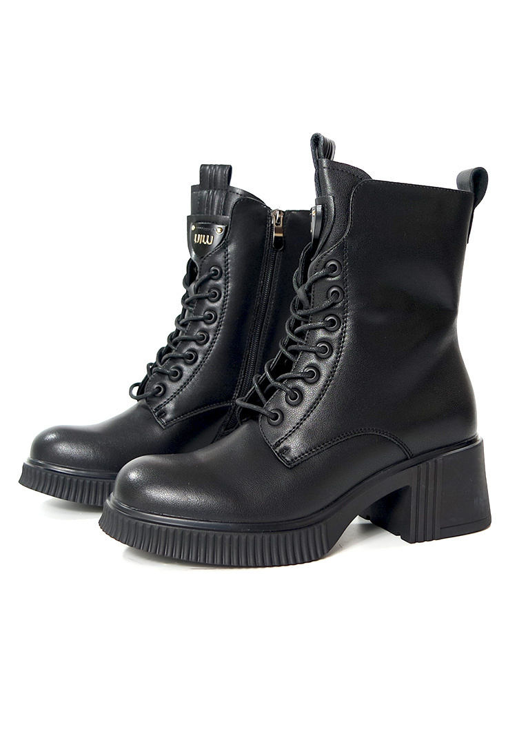 Botki damskie ze skóry naturalnej wysokie sznurowane na klocku czarne