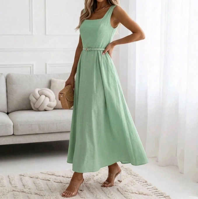 Sukienka Maxi Letnia Elegancka na Ramiączkach z Paskiem Bawełniana Rozkloszowana Wesele Chrzciny