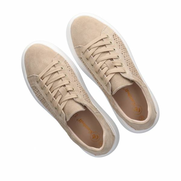 Beżowe skórzaneażurowe  półbuty damskie na platformie