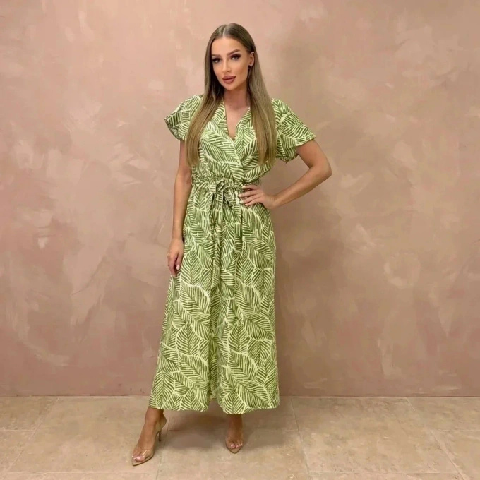 Sukienka maxi letnia zielona w liście zwiewna z wiązaniem w talii elegancka