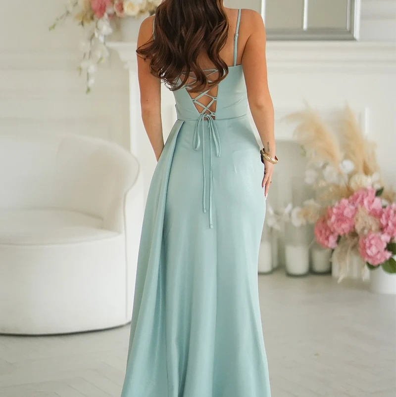 Sukienka Maxi Miętowa Wieczorowa Brokatowa Wesele  Rozcięcie Gorset