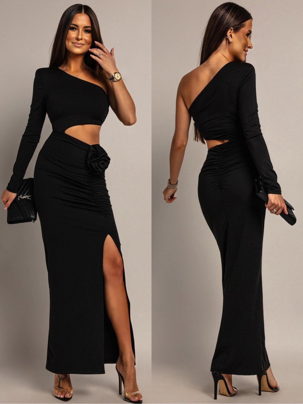 ELEGANCKA SUKIENKA MAXI NA JEDNO RAMIĘ DONNA czarna