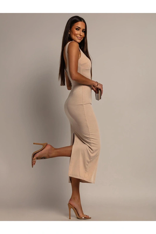 ELEGANCKA DOPASOWANA SUKIENKA MIDI PATI beżowy