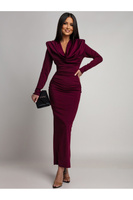 Elegancka Maxi Sukienka  z marszczeniem Misty z długim rękawem bordowa