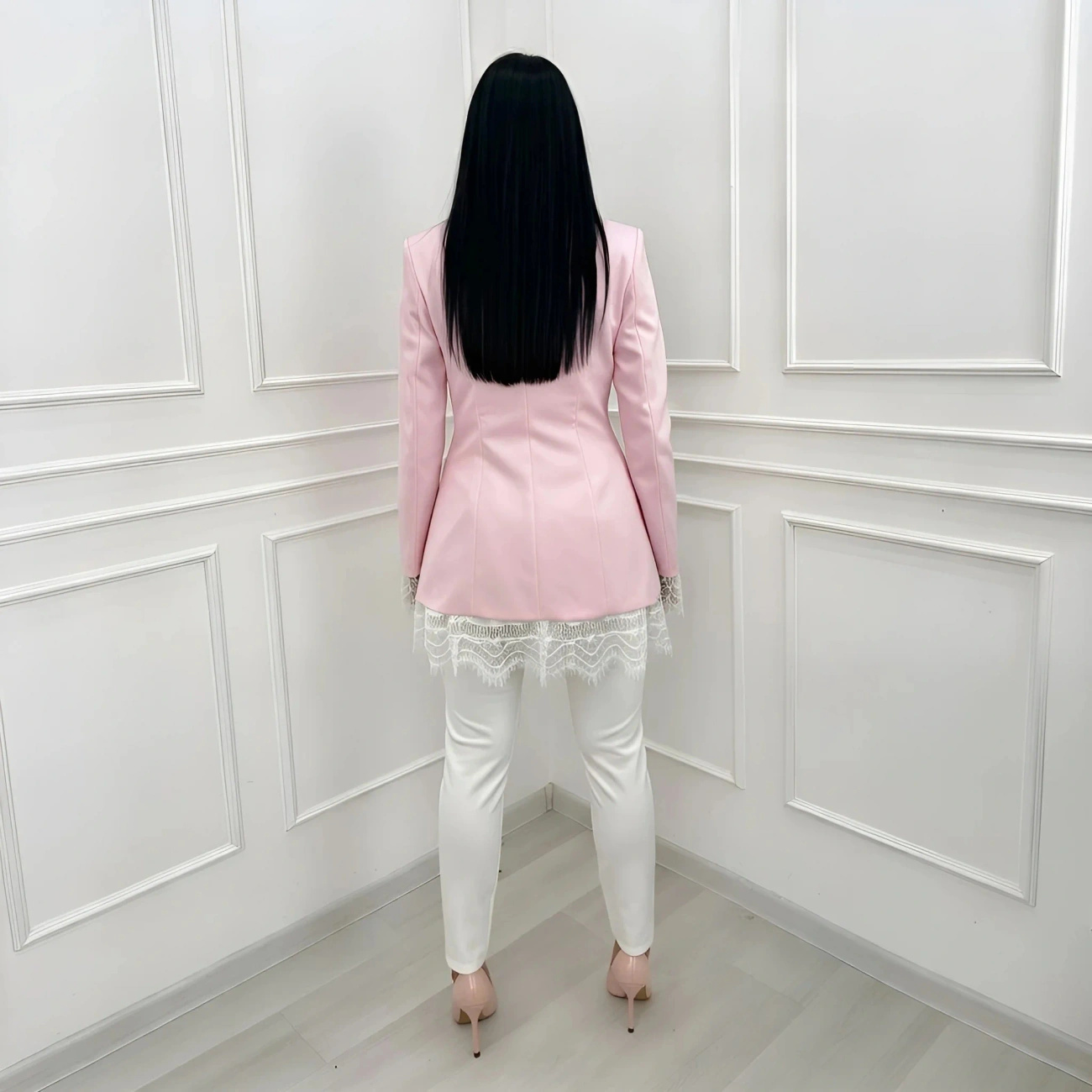 Marynarka damska różowa z koronką elegancki żakiet taliowany na guzik